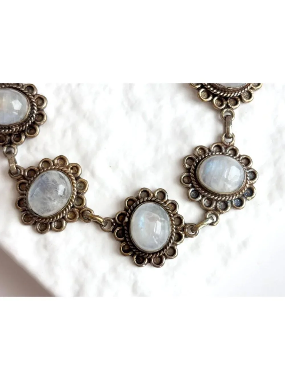 Iridescent Moonstone Vermeil Floral Sterling Silver 925 Vintage Bracelet